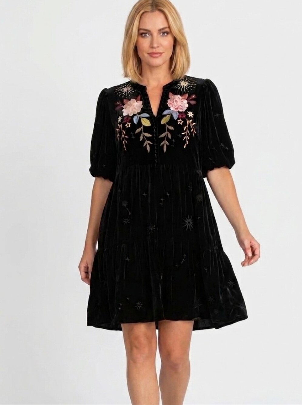 Johnny Was Celestine Velvet Puff Sleeve Floral Black Dress Flowers Embroidery